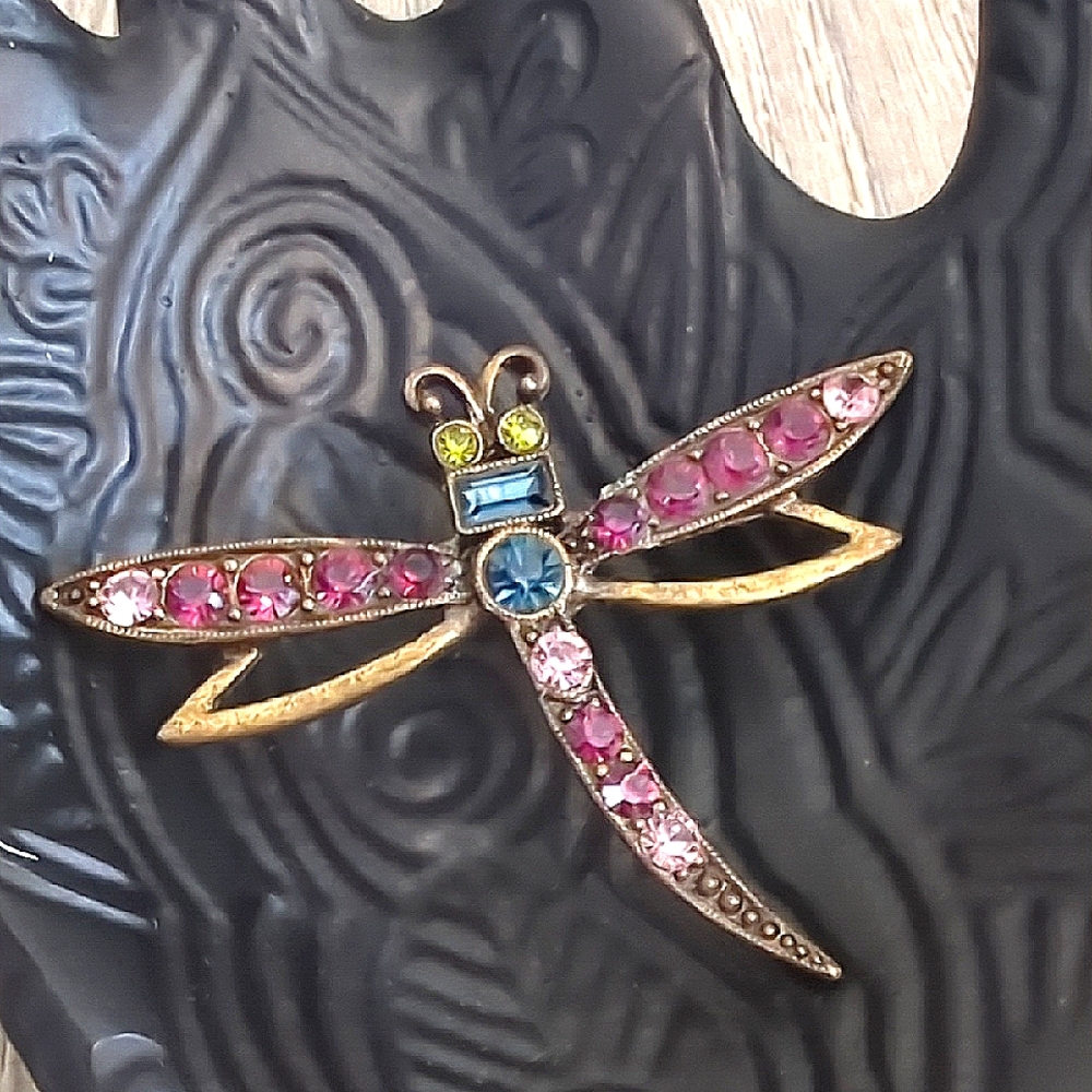 Vintage Dragonfly Brass Multi Color Brooch